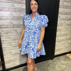 Blue Flower Print Puff Sleeve Tiered Dress